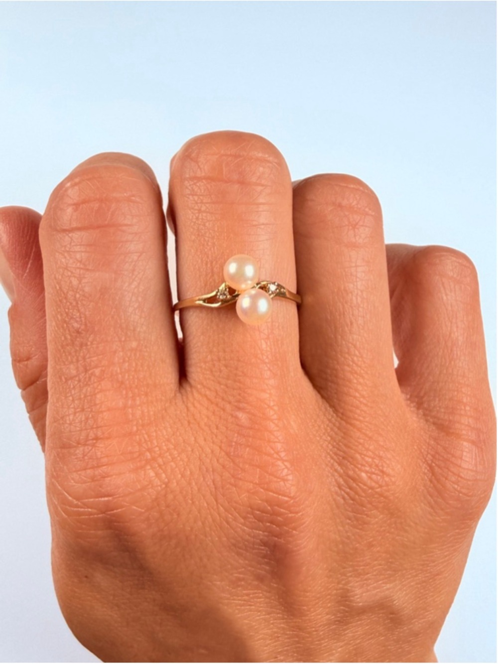 14K Solid Yellow Gold Genuine Diamond & 5MM Bypass Double Pearl VTG Ring - Picture 2 of 13